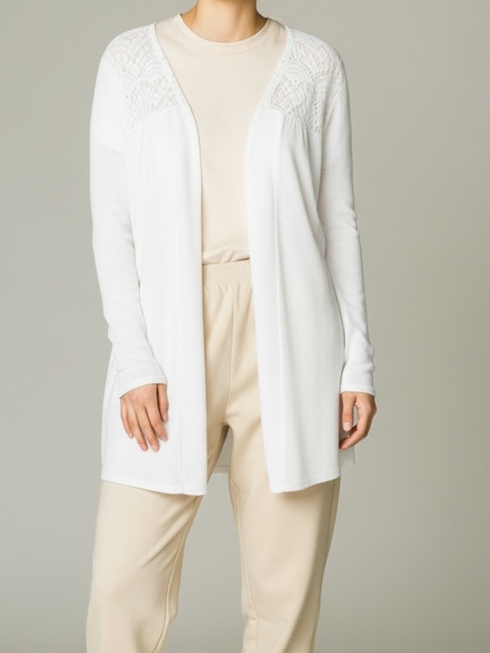 Open-Front White Cardigan with Lace Yoke